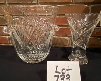 Lot 730.  $85.00. Lot Ralph Lauren Crystal Ice Bucket about 10"x12". Cut crystal vase, approx 10" tall.