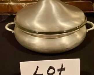 Lot 739. $30.00. Towle Pewter Lidded Bowl (Scandanavian Design) with glass insert and two handles. 