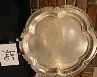 Lot 740. $20.00. Antiqued Silver tray by Savon Maison Verte,  purchased at Tom's Price includes stand. 