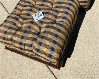 Lot 654 $425 Gold and Navy Arm chair and Ottoman. 43 tall * 23 seat depth  44" total depth  ottoman: 28 by 28 by 17" high.