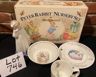 Lot 746. $25.00.  How darling. Peter Rabbit Nursery set by Wedgewood- plate, bowl & mug and a Lladro wannabee