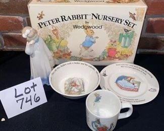 Lot 746. $25.00.  Peter Rabbit Nursery set by Wedgewood- plate, bowl & mug and a Lladro-type figurine.