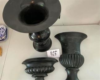 Lot 763. $36.00.  Metal urn and two urn wall shelves (heavy) all black. metal urn: 16h *12dia   larger wall: 18.5h-12dia  small: 9.5*12w