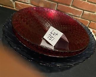 Lot 751. $30.00. 3 large glass serving bowls. 2 red, 15" diam bowls with hobnail exterior and one 19.5" blue bowl. Great for decor or for serving crowds!