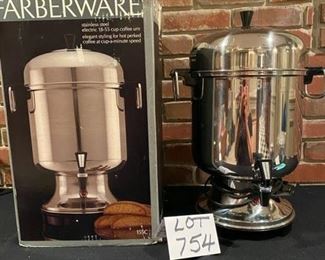  Lot 754. $60.00. Larger Farberware 133C 18-55 cup commercial electric coffee Urn. with original box.  I covet this!