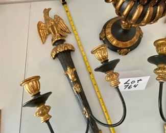 Lot 764.  $350/pair. Pair of vintage (1980s?) Black and Gold Italian wall candle sconces with a regal eagle sitting on top. 