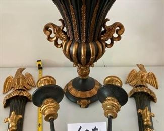 Lot 764.  $350/pair. Pair of vintage (1980s?) Black and Gold Italian wall candle sconces with a regal eagle sitting on top. 