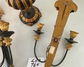 Lot 764.  $350/pair. Pair of vintage (1980s?) Black and Gold Italian wall candle sconces with a regal eagle sitting on top.  Label says Made in Italy and has number. 