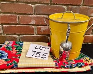 Lot 755. $15.00. Runner or Valance would be cute on a picnic table (or real cute mask fabric), plus a yellow ice bucket with a scoop. 