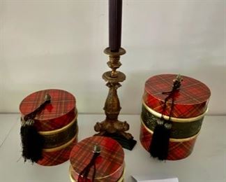 Lot 765.  $20. Plaid Containers and a brass candlestick (heavy).  