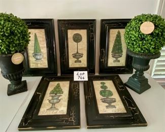 Lot 766.  $90.00. This sweet lot is eye-catching! I could see this in a kitchen or Topiary Lot - 5 Topiary framed prints - Back has COA Imprints "Ltd Ed." by Kathryn Clark Home - Each Pencil Signed by K. Clark & Purchased at Truffles in 1996.  And 2 topiary balls that light up sitting composite urns!