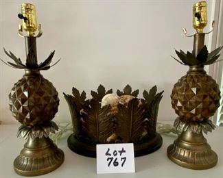 Lot 767.  $45.00. Pair of pineapple lamps, no shades and metal basket with orbs. Lamps have Homestead Shoppe on the bottom. 17in base of lamp.  Basket 15*11.