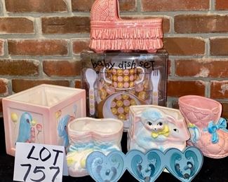 Lot 757.  $24 for all. Baby dish set -50 pc Melamie set in box, plus 5 vintage baby planters and 1 heart plaque. 