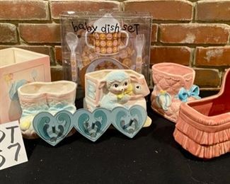 Lot 757.  $24.  for all. Baby dish set -5 pc Melamine Kid or Nursery set in box, plus 5 vintage baby planters and 1 heart and hook plaque. 