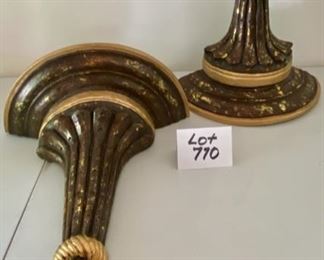 Lot 770. $28.00.  2 Wall Sconce Shelves in Brown & Gold, 20" x 15" x 7" deep.