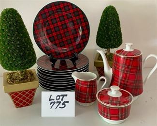 Lot 775. $40.00. Tea and Luncheon Grouping! 11 plaid dessert pates 8.25" diameter, Plaid Coffee Pot, Sugar Bowl and Creamer by Pacific Rim, and two topiaries.   