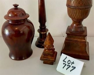 Lot 777. $36.00.  4 pcs decor - covered glass ginger jar 11.5". 15" acorn-shaped small finia 6.5", and a tall narrow obelisk 17" tall.