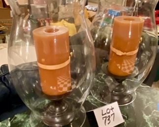 Lot 737. $90.00/pair. 2 Pottery Barn Hurricane Lamps with candles. 17" Tall x 8.5" Diameter
