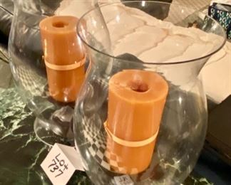 Lot 737. $90.00/pair. 2 Pottery Barn Hurricane Lamps with candles. 17" Tall x 8.5" Diameter