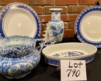 Lot 790 $50.00.  6 pc set Blue and White porcelain decor 2 plates, oval baker12x7.5x2, small 6" Christmas tree, 11" vase and blue spongeware double-handled pot 10"x6" 