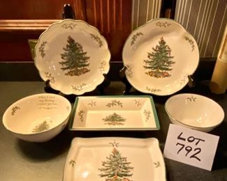 Lot 792, $75.00  6 pcs Spode Christmas Tree 2 scalloped edge bowls, "count my blessings bowl", small cereal size bowl and sm rectangular tray, one curved edge tray