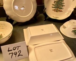 Lot 792, $75.00  6 pcs Spode Christmas Tree includes:  2 scallop edge bowls, "count my blessings bowl", small cereal size bowl and sm rectangular tray, one curved edge tray