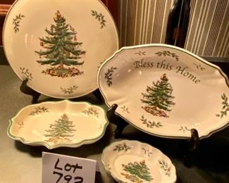 Lot 793, $50.00  Spode Christmas Tree, 12" round trivet, "Bless this Home" 10" oval bowl, 8" tidbit tray, 4" candy dish