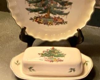 Lot 794,   $75.00   Spode Christmas Tree, covered casserole  7" D, 2 small vegetables serve dishes, 8" dia, covered butter dish and 9" diameter Quiche/tart dish