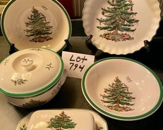 Lot 794.  $75.00.  Spode Christmas Tree, covered casserole  7" d, 2 small vegetable serving  bowls, 8" dia, covered butter dish and 9" diameter Quiche/tart dish