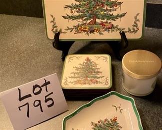 Lot 795, $25.00  Spode Christmas Tree, 6 coasters, White Barn candle in a jar,  Triangle Candy Dish and 12" Trivet