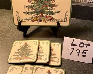 Lot 795,   $25.00  Spode Christmas Tree, 6 coasters, White Barn candle in a jar,  Triangle Candy Dish and 12" Trivet