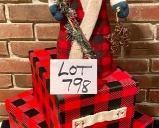 Lot 798  $12.00  14" Santa in Buffalo plaid coat, plus 2 Buffalo Plaid storage boxes