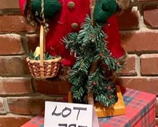 Lot 797 $15.00  17"  Santa in faux fur-trimmed felt coat, with tree and 2 plaid storage boxes