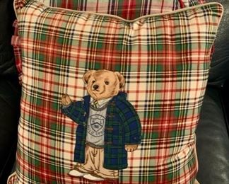 Lot 847 (NOT 846). $15.00.  Ralph Lauren Polo Bear Square Pillow and Round Plaid Pillow