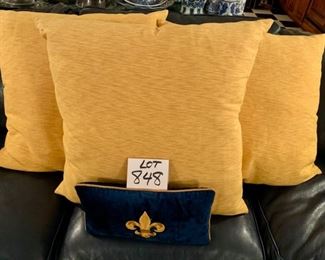 Lot 848   $30.00. 3 Crate & Barrel Lamont Pillows in Barley Yellow and 1 Blue Velvet Pillow by CJC St. Simons Island 