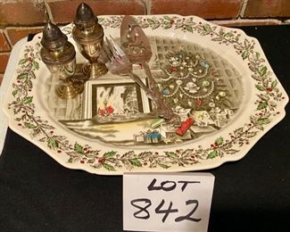 Lot 842.  100.00  Rare Johnson Bros Christmas Oval Platter (17" x 14") Rare. Includes Silverplate S&P Shakers and Meat Fork and Server.  Platter alone Sells for $180-200 online.