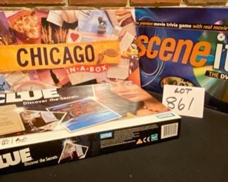 Lot 861 $18.00   3 Board Games: Chicago in a Box, Scene It and Clue