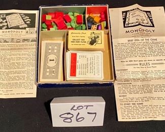 Lot 867 $50. Vintage 1935-1946 Monopoly Game with Original Box and Instructions, No Board