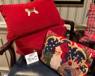 Lot 840. $30.00.   2 Corduroy Pillow with Airedale Terrier and 1 Santa Needlepoint Pillow