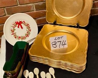 Lot 847. $25 The Holiday Hostess: 12- 13" Square Gold Melanine Chargers, 1- 9" Nantucket Plate by Wedgewood, 3 Pc Silverware Buffet Caddy's and 6 PolkaDot Handled Spoons. 