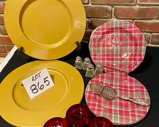 Lot 865. $15.00.  3 Matte Gold 13" Chargers, 3 9" Plaid Plates, 6 Red Votive Holders, 2 Sets of S&P Shakers and 1 Dessert Server. 