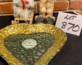 Lot 870. $10.00.  Cellini 10" x 10" Textured Glass Plate, Gnome on Sled, 2 Heart Shaped Pewter Card Holders and Box of Mini Gold Placecard Holders