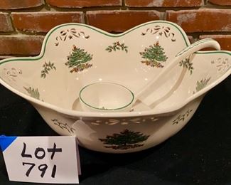 Lot 791.  $125.00  Spode Christmas Tree punch bowl, with scalloped and bow reticulated edge. includes ladle