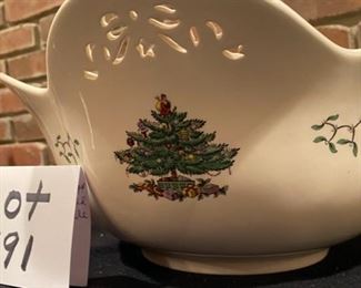 Lot 791. $125.00  Spode Christmas Tree punch bowl, with scalloped and bow reticulated edge. includes Spode 75th Anniversary ladle, hard to find.