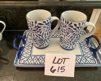 Lot 615. $15.00  Sweet 2 Blue and white porcelain tall mugs on a double-handled tray