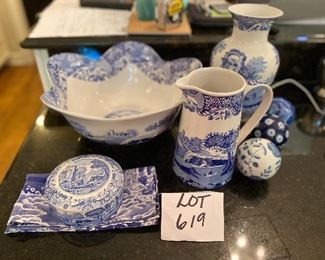 Lot 619.  $50.00. Several pieces of blue and white Spode, scalloped bowl, lidded dish, pitcher, vase, cloth napkin, and 3 unmarked blue and white spheres.