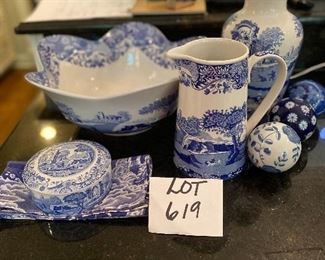 Lot 619.  $50.00 Several pieces of blue and white Spode, scalloped bowl lidded dish, pitcher, vase, napkin, and 3 unmarked blue and white spheres.