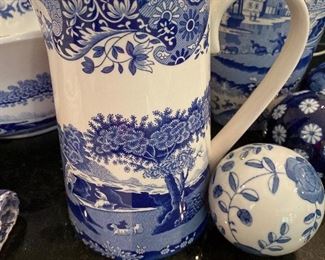 Lot 619.  $50.00. Several pieces of blue and white Spode, scalloped bowl lidded dish, pitcher, vase, napkin, and 3 unmarked blue and white spheres.