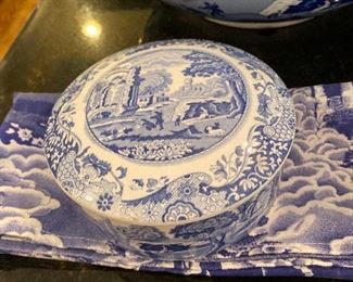 Lot 619.  $50.00. Several pieces of blue and white Spode, scalloped bowl lidded dish, pitcher, vase, napkin, and 3 unmarked blue and white spheres.