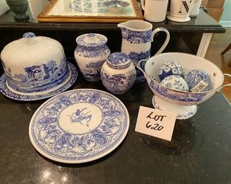 Lot 620. $50.00 more blue and white Spode, Colandar and 3 spheres, pitcher, cake plate lidded jar and one unmarked lidded jar